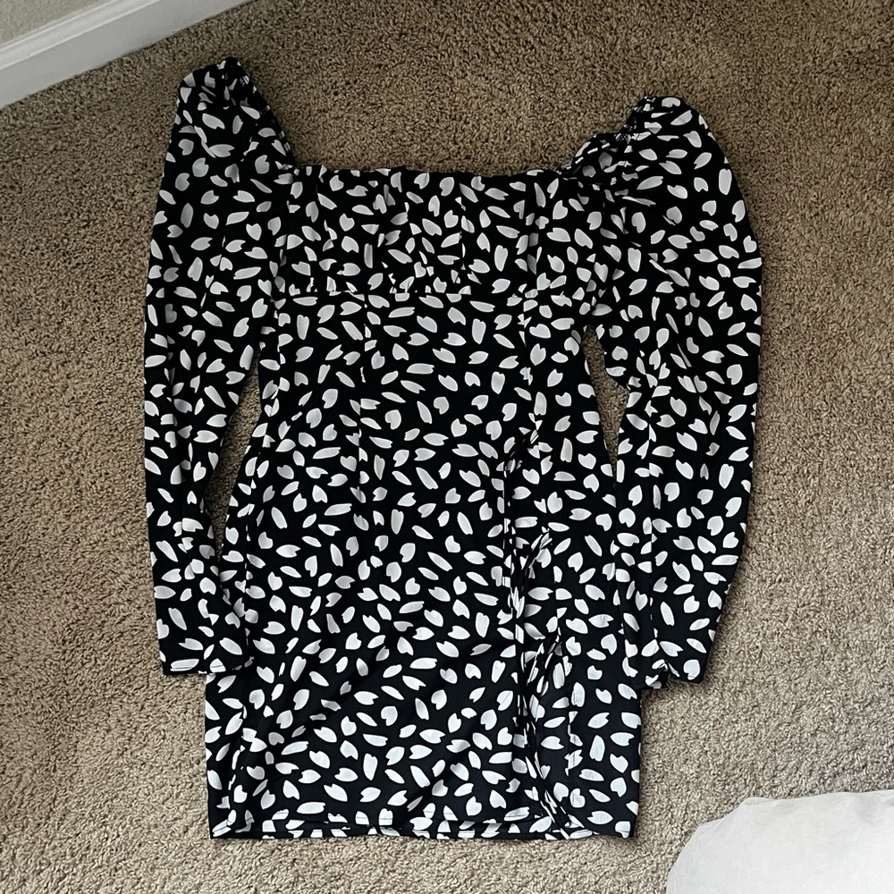Black Dalmatian Print Bow Detail Side Split Bodycon Dress